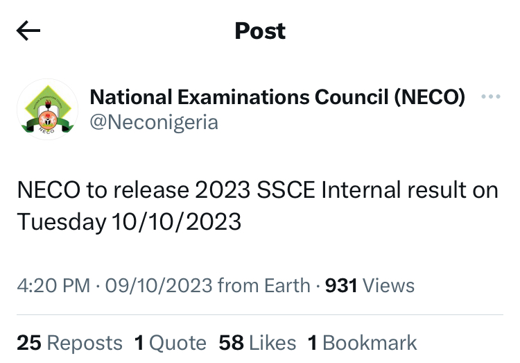 BREAKING NEWS NECO Announces Date For Released Of 2023 SSCE Results